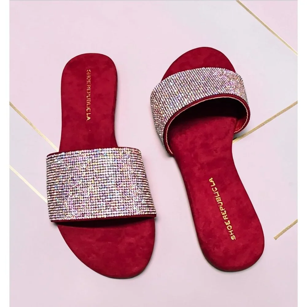 Womens Wine Rhinestone Flat Slide Sandals
